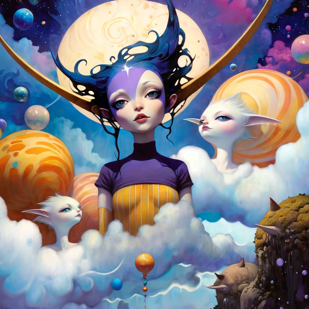 In a whimsical, colorful cartoon world, a kaleidoscope of flying objects swirls against surreal landscapes, inspired by the ethereal sounds of Midnight Tunes. Gentle mews and epic dreams converge as vibrant colors and exaggerated shapes come alive. A fantastical realm unfolds, reminiscent of Etam Cru's distinctive art style. Against a backdrop of swirling clouds and starry skies, photorealistic concept art by Rebeca Saray and Brad Kunkle captures the magic of this world in motion. (art inspired in Bill Sienkiewicz). oil painting) 