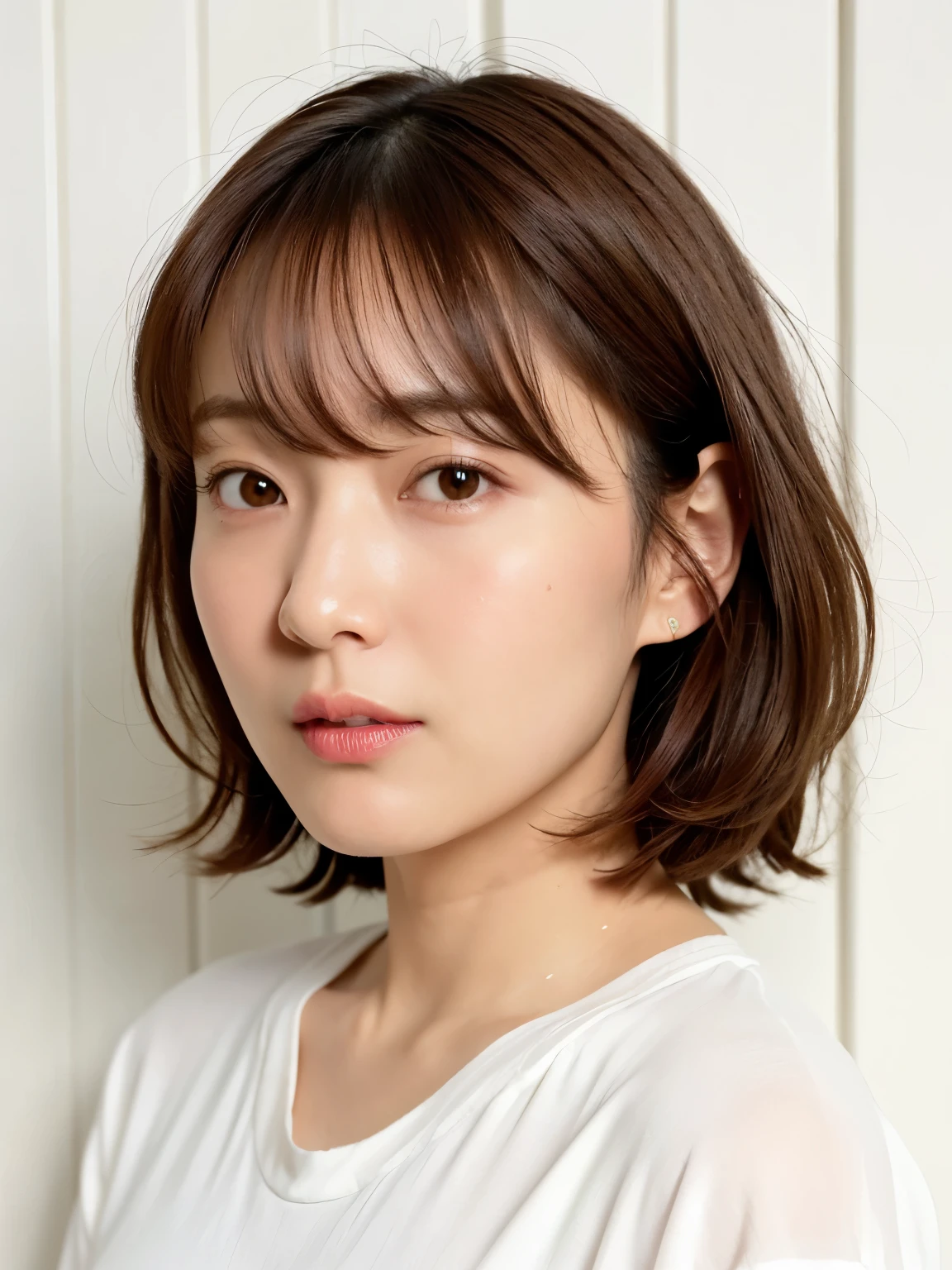 (Highest quality、16K resolution)、One Japanese woman in her 30s、solo、Natural soft light、profile、White T-shirt、In front of a white door、White wall、Light bangs、Bob、Short Hair、Bobカット、Highlight Color、Hair with highlights、Salon model、Natural look、Portrait、fluffy hair、Natural color lip、Mr.々A pose