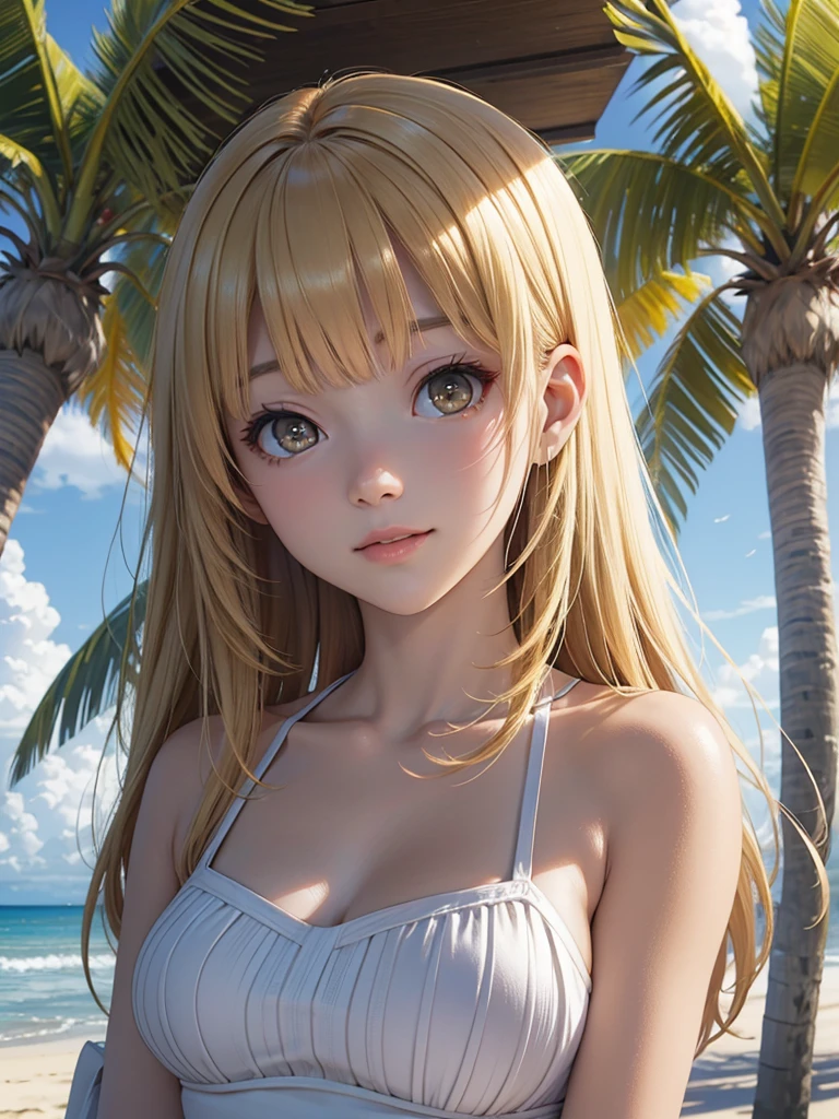 masterpiece, rich colors, Best quality, detailed, high resolution, Hyper quality, high detail, , high quality, detailing, skinny sexy girl on the beach , bright lighting , Brown eyes, Anime, palm trees, bright lighting, blonde,