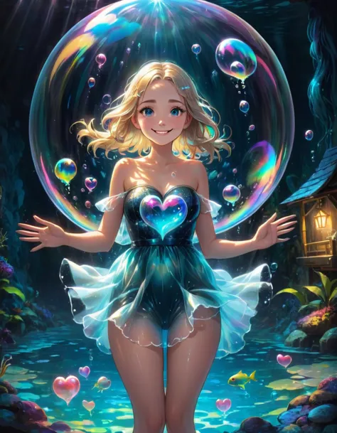 A beautiful Nordic girl with well-designed eyes and face, full body, stands in a huge magical bubble. People in the huge magic b...