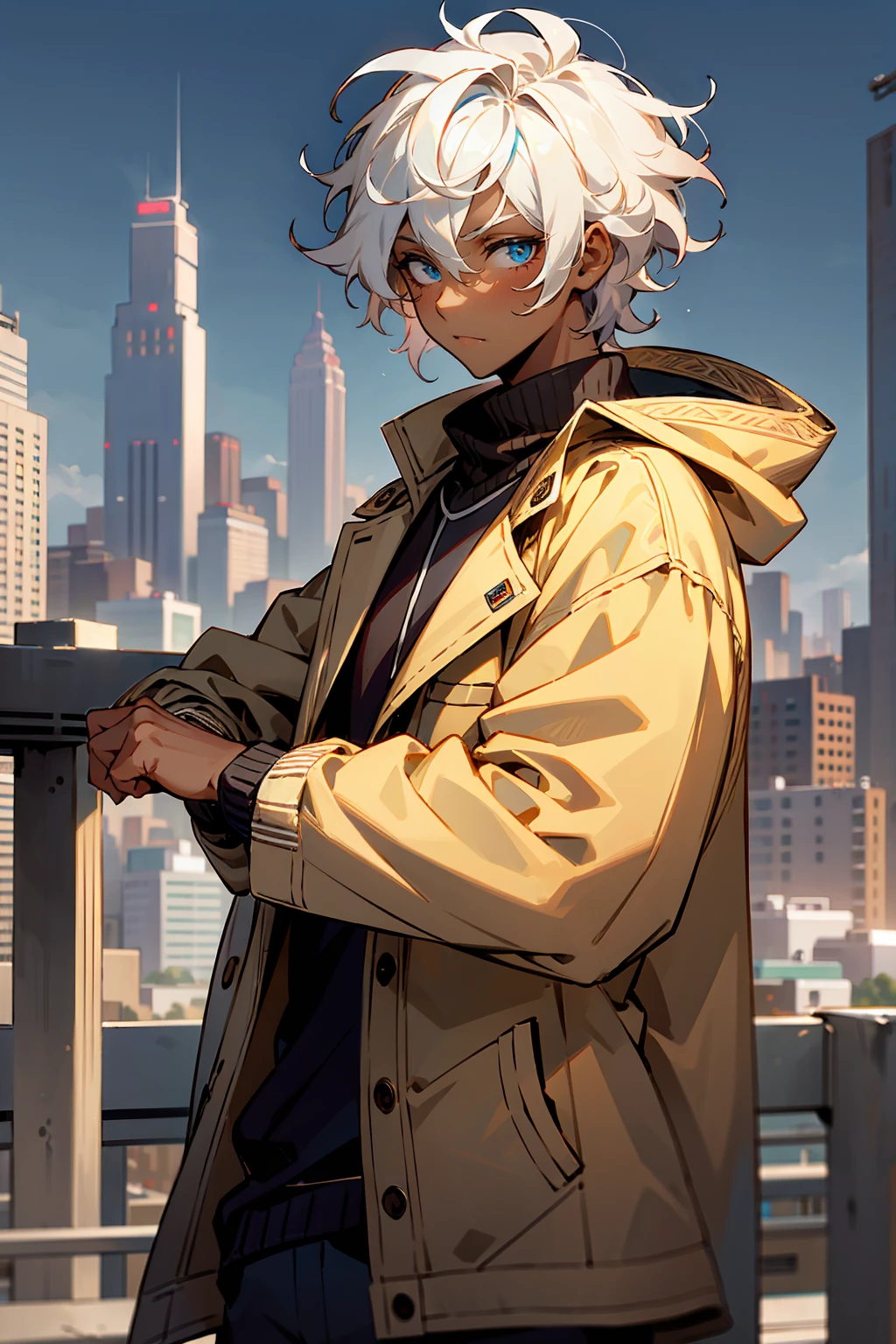 1male , Dark Skin , White Hair , Undercut Hair , Curly Hair , Messy Hair , Brown Letterman Jacket ,  Modern City Background , Pale Blue Eyes , Chill Expression , Masterpiece Quality , Perfect Generation , Adult Male