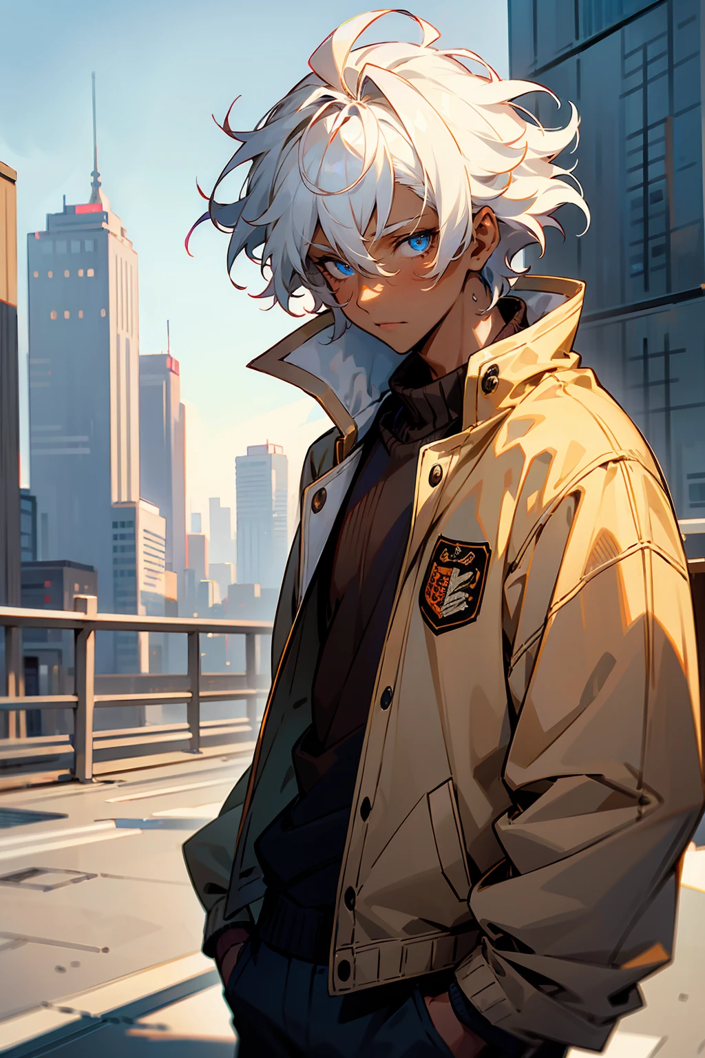 1male , Dark Skin , White Hair , Undercut Hair , Curly Hair , Messy Hair , Brown Letterman Jacket ,  Modern City Background , Pale Blue Eyes , Chill Expression , Masterpiece Quality , Perfect Generation , Adult Male