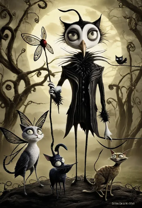 fantastic animals, insect mix, flying birds and cats, all with an unreal style very typical of Tim Burton.