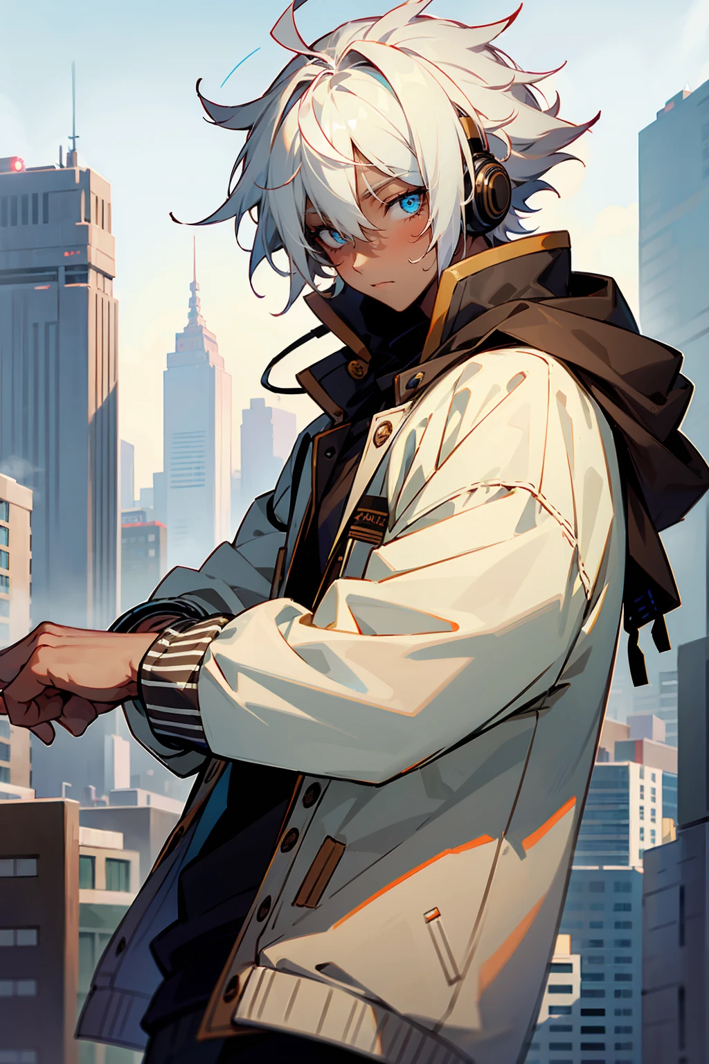 1male , Dark Skin , White Hair , Undercut Hair , Messy Hair , Brown Letterman Jacket ,  Modern City Background , Pale Blue Eyes , Chill Expression , Masterpiece Quality , Perfect Generation , Adult Male , Wearing Headphones