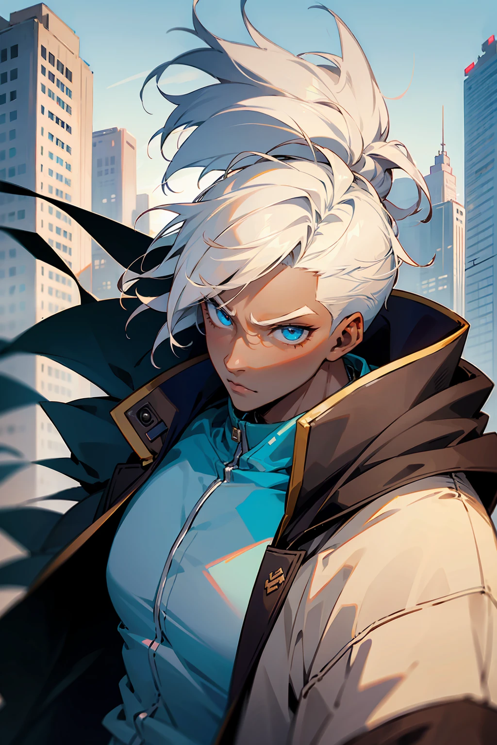 1male , Dark Skin , White Hair , Undercut Hair , Messy Hair , Brown Letterman Jacket ,  Modern City Background , Pale Blue Eyes , Serious Expression , Perfect Generation , Adult Male , 