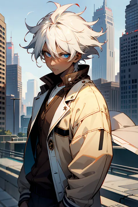 1male , dark skin , white hair , undercut hair , messy hair , brown letterman jacket ,  modern city background , pale blue eyes ...