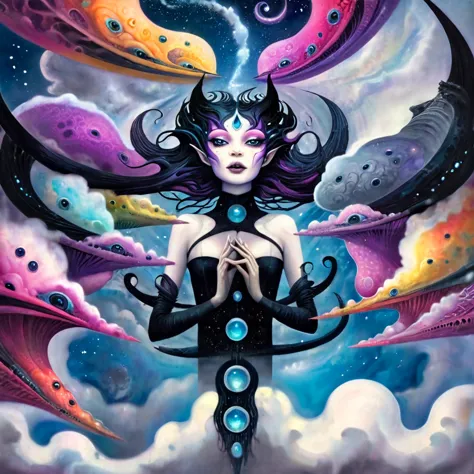 In a dark whimsical, colorful pop goth cartoon world, a kaleidoscope of flying objects swirls against surreal landscapes, inspir...
