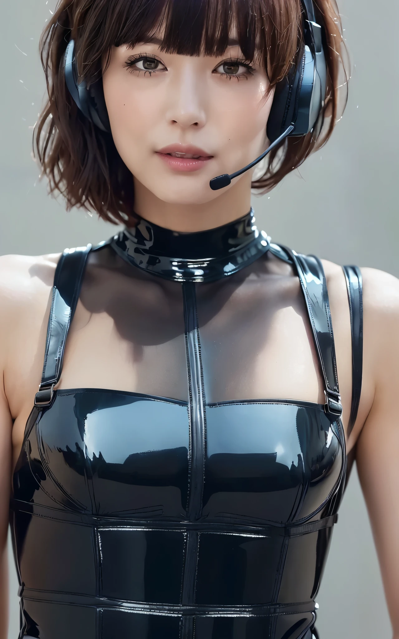 服を着た, (photo 現実的:1.4), (hyper 現実的:1.4), (現実的:1.3), (より滑らかな照明:1.05), (映画照明の品質を向上させる:0.9), 32K, 1人の女の子:1.2, 女の子1人, 現実的 lighting, バックライト, あなたの顔に光が輝く, レイトレーシング, (明るい光:1.2), 解剖学的に正しい比率, (品質の向上:1.4), (Highest quality 現実的 textured skin:1.4), (詳細な目), (黒い目), 詳細な顔, 高品質の目, (疲れた, 眠くて満足:0.0), (((顔のクローズアップ:1.4))), ((黒のラテックスチューブドレスは警察の制服が好き, ハイテクヘッドセットを装着, 軍用ハーネス:1.15)), 日本の女の子, (ボディラインの雰囲気を高める:1.1), (肌の質感の美しさを高める:1.1), (薄化粧:1.5]], アイライナー), 風に舞う髪, 茶髪, ピクシーカット, ((明るい 暗い 短い (横に掃かれた前髪), 非常に詳細)),