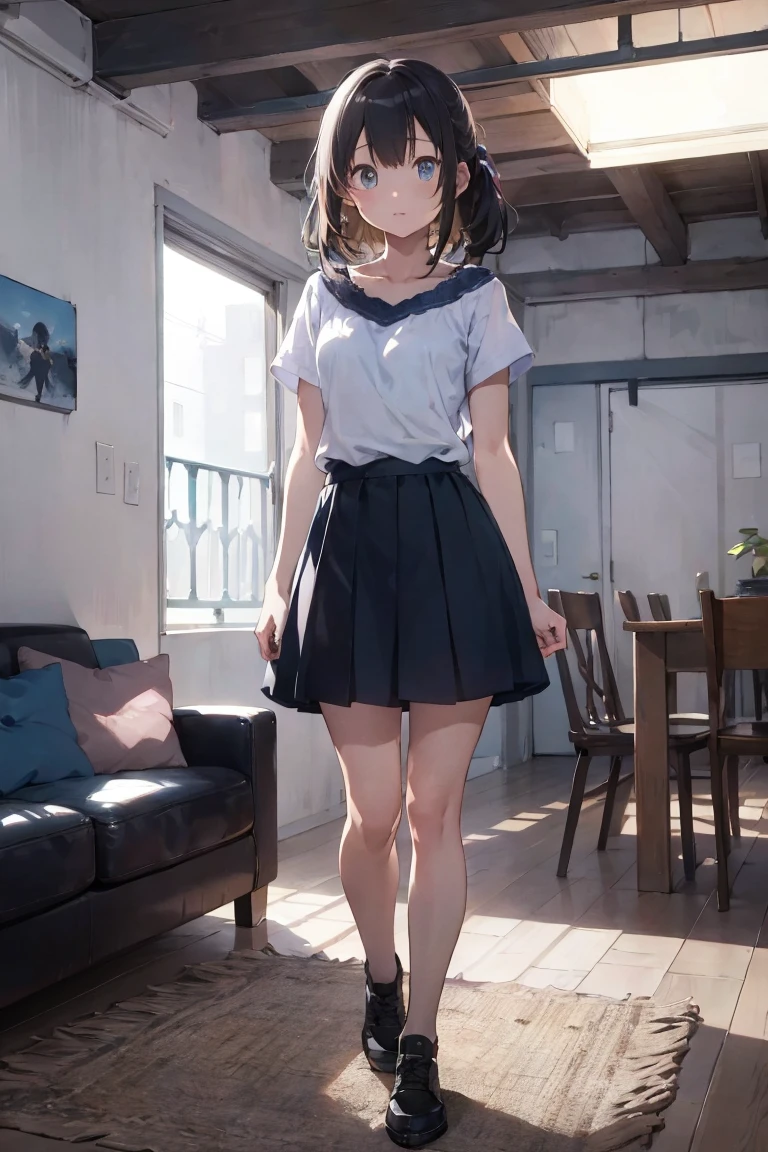 (masterpiece:1.3)、(Highest quality:1.3)、 (Perfect hands:1.2)、(Perfect Anatomy:1.2)、Highly detailed CG、night、Living room at home、A cute girl with black hair and dark blue eyes in casual clothes、The girl is standing and facing forward、There is no one but the girl、Hands down