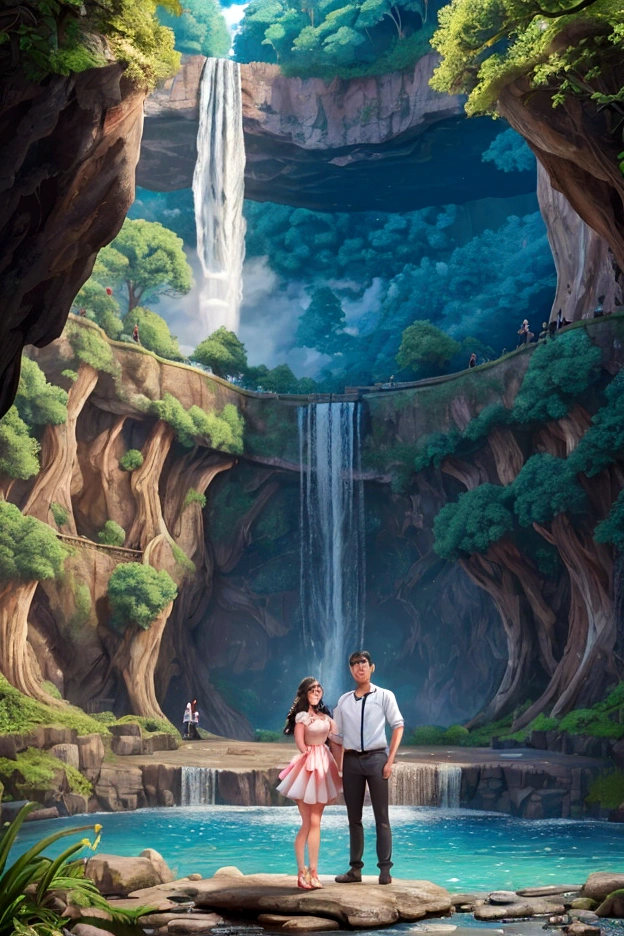 一男一女在瀑布前自拍,  背景中的瀑布, 站在瀑布前,  美丽的风景, 有树木和瀑布, 在有瀑布的洞穴里, 🤬 🤮 💕 🎀