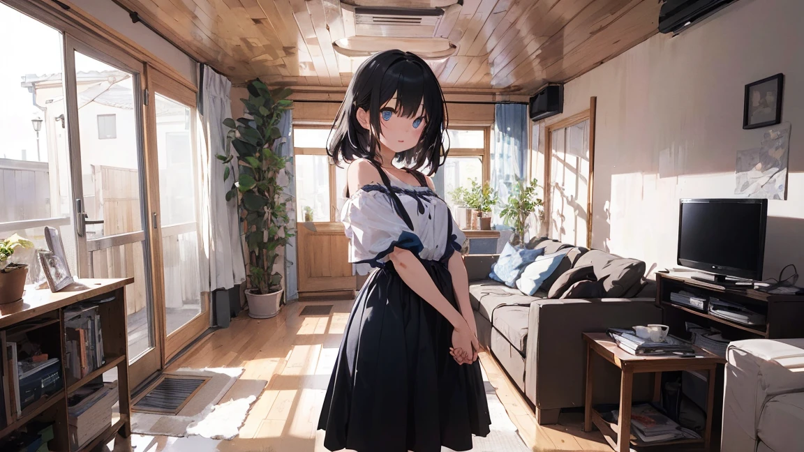 (masterpiece:1.3)、(Highest quality:1.3)、 (Perfect hands:1.2)、(Perfect Anatomy:1.2)、Highly detailed CG、night、Living room at home、A cute girl with black hair and dark blue eyes in casual clothes、The girl is standing and facing forward、There is no one but the girl、Hands down