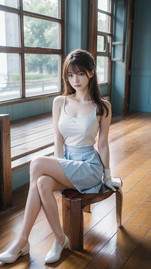 best quality, masterpiece, 1 girl, Solitary, ferry, Long hair, ferryBase, Raise your legs, Bare shoulders, Jewelry, sleeveless, White Dress, Blue Skirt, Gloves, ground room, ground, wooden ground, sit, sit on ground, Place your hands on your legs, A faint smile, Soft Light, whole body, Wide hips, Medium breasts