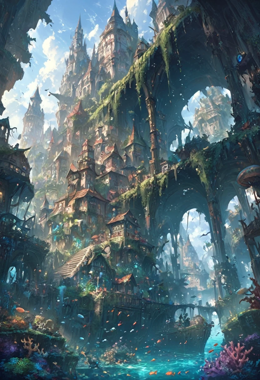 Cor (fantasia: 1.2), (Estilo Hayao Miyazaki), (Edifícios irregulares flutuando no fundo do mar), Casa de retalhos, decoração de musgo, coral, luz, Arte conceitual inspirada em Andreas Rocha, Vencedor do concurso Artstation, fantasia art, (uma cidade subaquática), Ross Tran, luzシャフト, iluminação realista, Obra de arte, alta qualidade, Belos gráficos, Alto detalhe, Obra de arte, alta qualidade, Belos gráficos, Alto detalhe, 