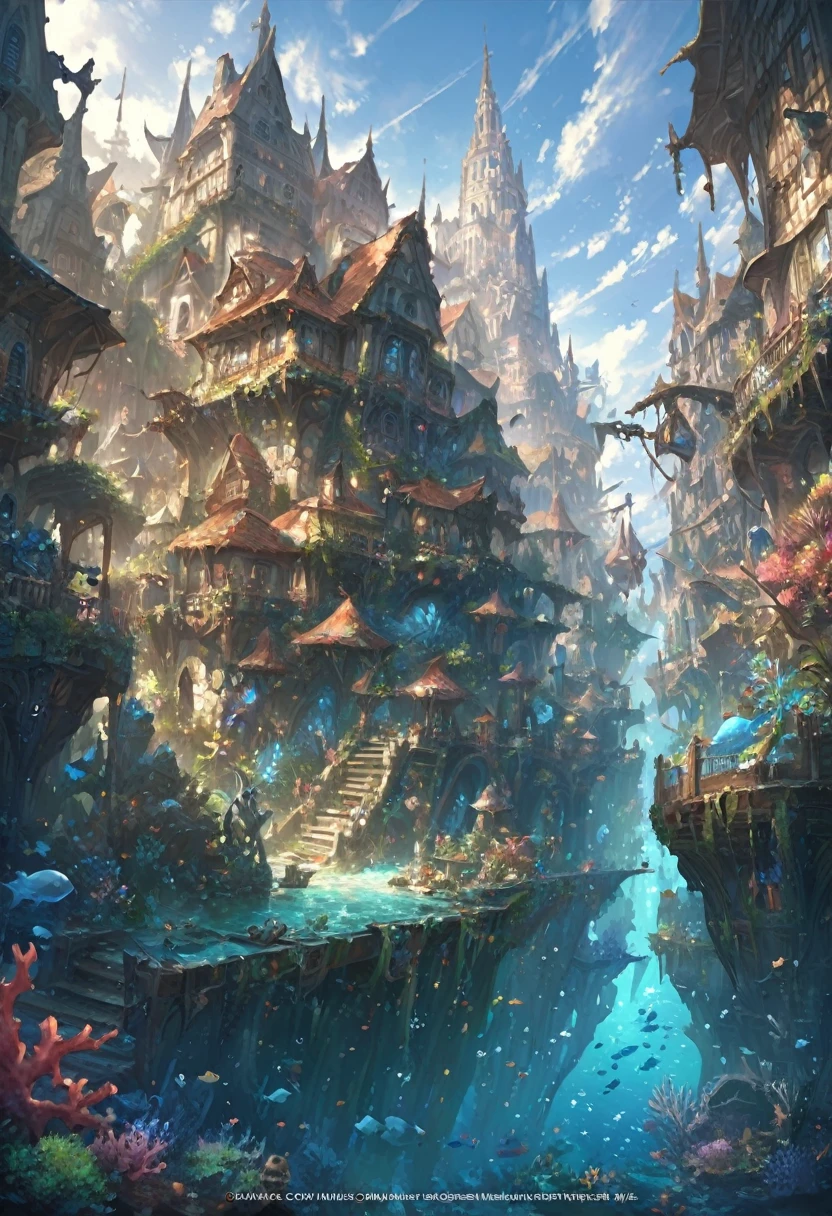 color (Fantasy: 1.2), (hayao miyazaki style), (Irregular Buildings Floating Under the Sea), Patchwork Cottage, Moss decoration, Coral, Light, Concept art inspired by Andreas Rocha, Artstation Contest Winner, Fantasy art, (an underwater city), Ross Tran, Lightシャフト, Realistic lighting, masterpiece, high quality, Beautiful graphics, High detail, masterpiece, high quality, Beautiful graphics, High detail, 