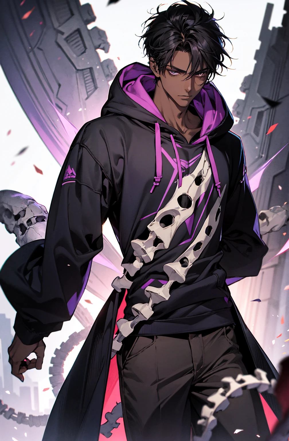 male with bones, looking away from camera, skulls, bones, handsome, black, dark skin, tall, broad shoulders, black hair, purple, purple fire, magic, detailed face, fantasy, hoodie
