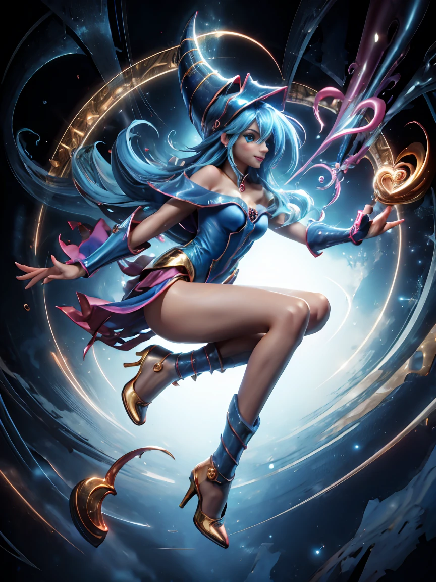 Dark Magician Gill in the air, She is standing while jumping, Magical Heart Background. Put a smile on his lips. blue eyes. Golden Hair. Sensual pose. Floating on one foot. There is a heel. 1.1 Wear heels azules y dorados . Wear heels 