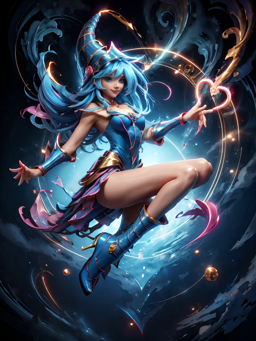 Dark Magician Gill in the air, She is standing while jumping, Magical Heart Background. Put a smile on his lips. blue eyes. Golden Hair. Sensual pose. Floating on one foot. There is a heel. 1.1 Wear heels azules y dorados . Wear heels 
