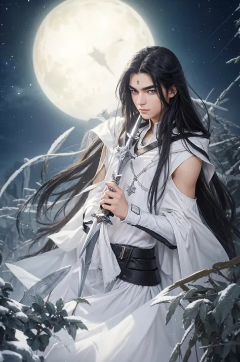 Boys，23 years old，Black long hair，Sword-like eyebrows and star-like eyes，Cold and distant