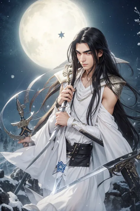 Boys，23 years old，Black long hair，Sword-like eyebrows and star-like eyes，Cold and distant