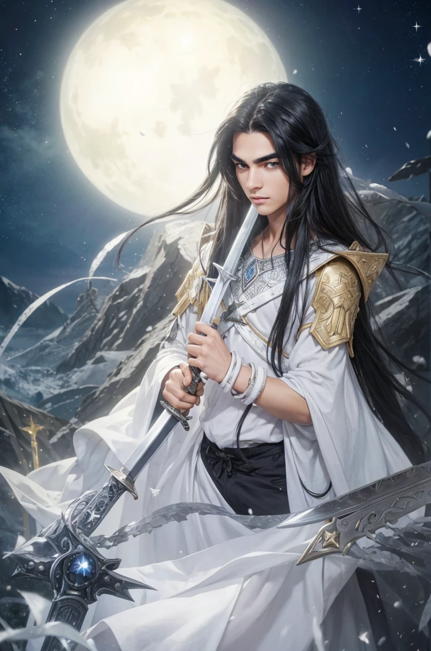 Boys，23 years old，Black long hair，Sword-like eyebrows and star-like eyes，Cold and distant