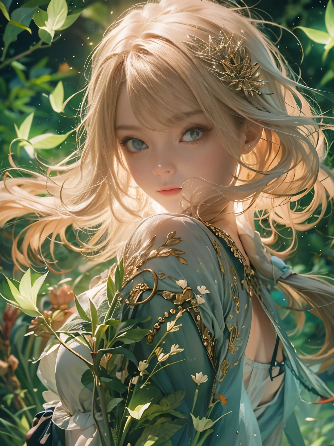 (8K, Highest quality, masterpiece: 1.2), (Realistic, photoRealistic: 1.37), Very detailed, One Girl, Wide viewing angles, Firefly Garden, Small faint lights and flying fireflies, night, yasutomo oka&#39;Painting style, Large, firm, swaying bust, I can see her cleavage, Intricate details, Splash screen, 8K resolution, masterpiece, A kind smile, Mysterious Background, aura, A gentle gaze, break, blonde, Dynamic sexy pose,