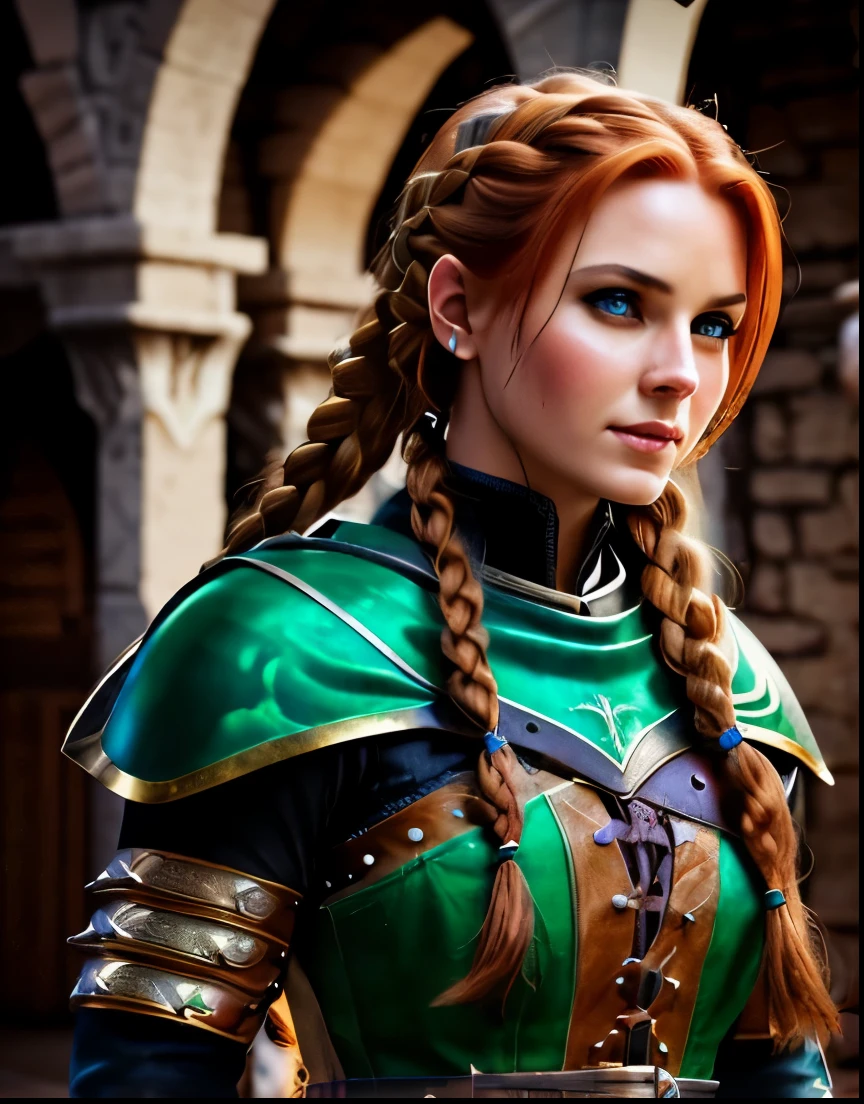 Same woman, 8k resolution, pull camera back, zoom out, wearing a padded arming doublet, masterpiece, best quality, 8k, detailed texture, detailed cloth texture, beautiful detailed face, determined expression, intricate details, ultra detailed, a european woman, green eyes, red auburn hair in a french braid, 3D character, Medieval, no helmet, 1 woman, Medieval woman with a braid, full body view a female warrior, medieval female warrior, very beautiful warrior woman, female character with a determined look and smirk, female warrior, fantasy character, very beautiful woman top model, detailed matte fantasy, beautiful female warrior, full body view