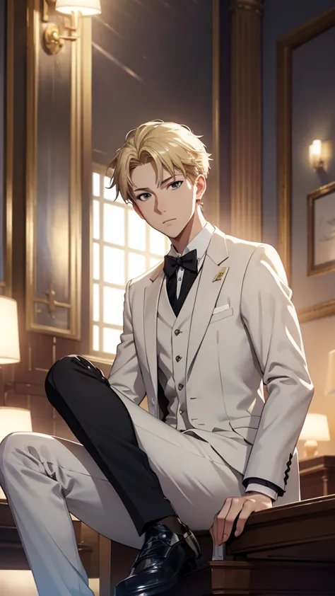 Top Half body, (masterpiece, best quality:1.2), solo, 1boy, Loid Forger, Spy family, Blond hair, looking at viewer, official art...