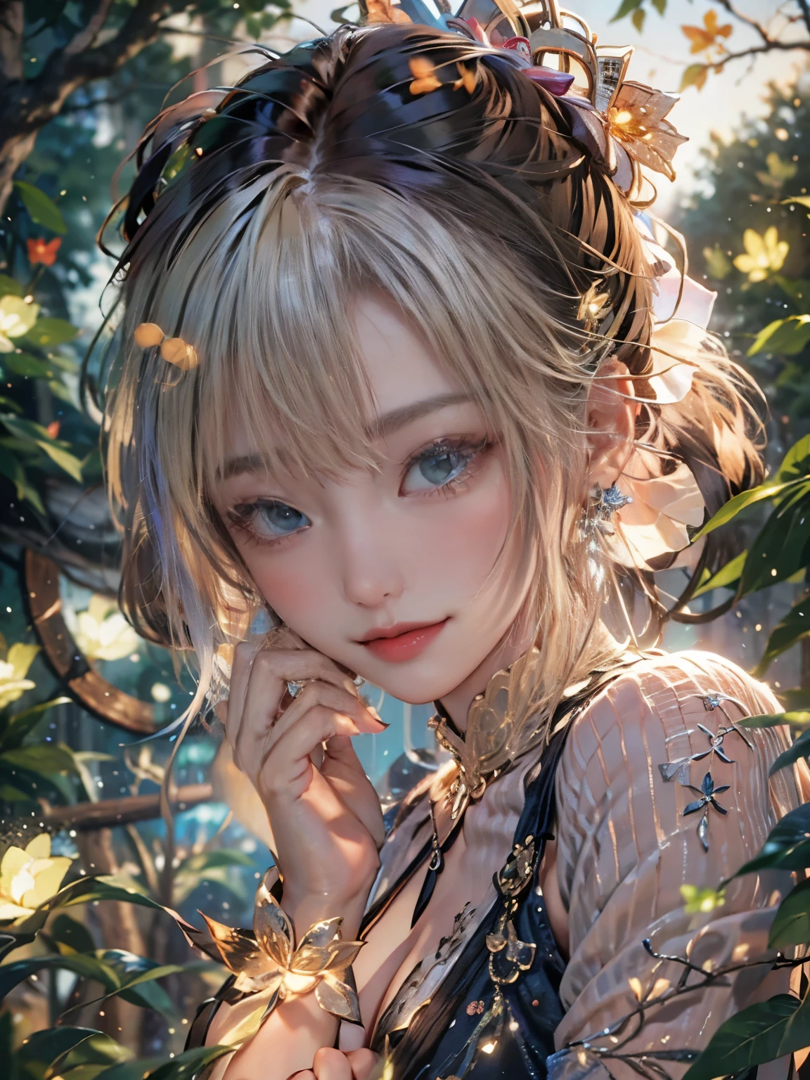 (8K, Highest quality, masterpiece: 1.2), (Realistic, photo Realistic: 1.37), Very detailed, One Girl, Wide viewing angles, Firefly Garden, Small faint lights and flying fireflies, night, Yasutomo Oka's Painting style, Large, firm, swaying bust, I can see her cleavage, Intricate details, Splash screen, 8K resolution, masterpiece, A kind smile, Mysterious Background, aura, A gentle gaze, break, blonde, Dynamic sexy pose,