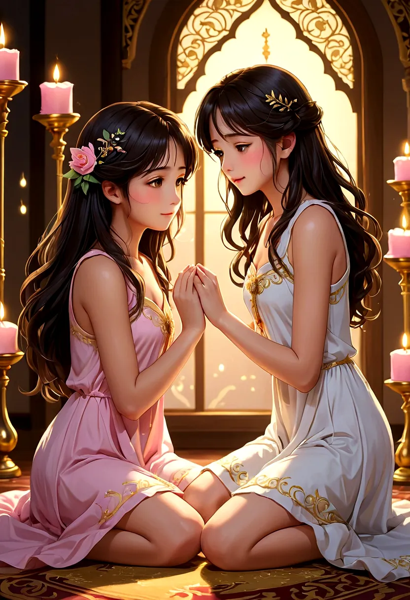 A tender and idyllic anime scene of two young women, Sarocha Chankimha and Rebecca Armstrong, sharing a moment of love and tende...