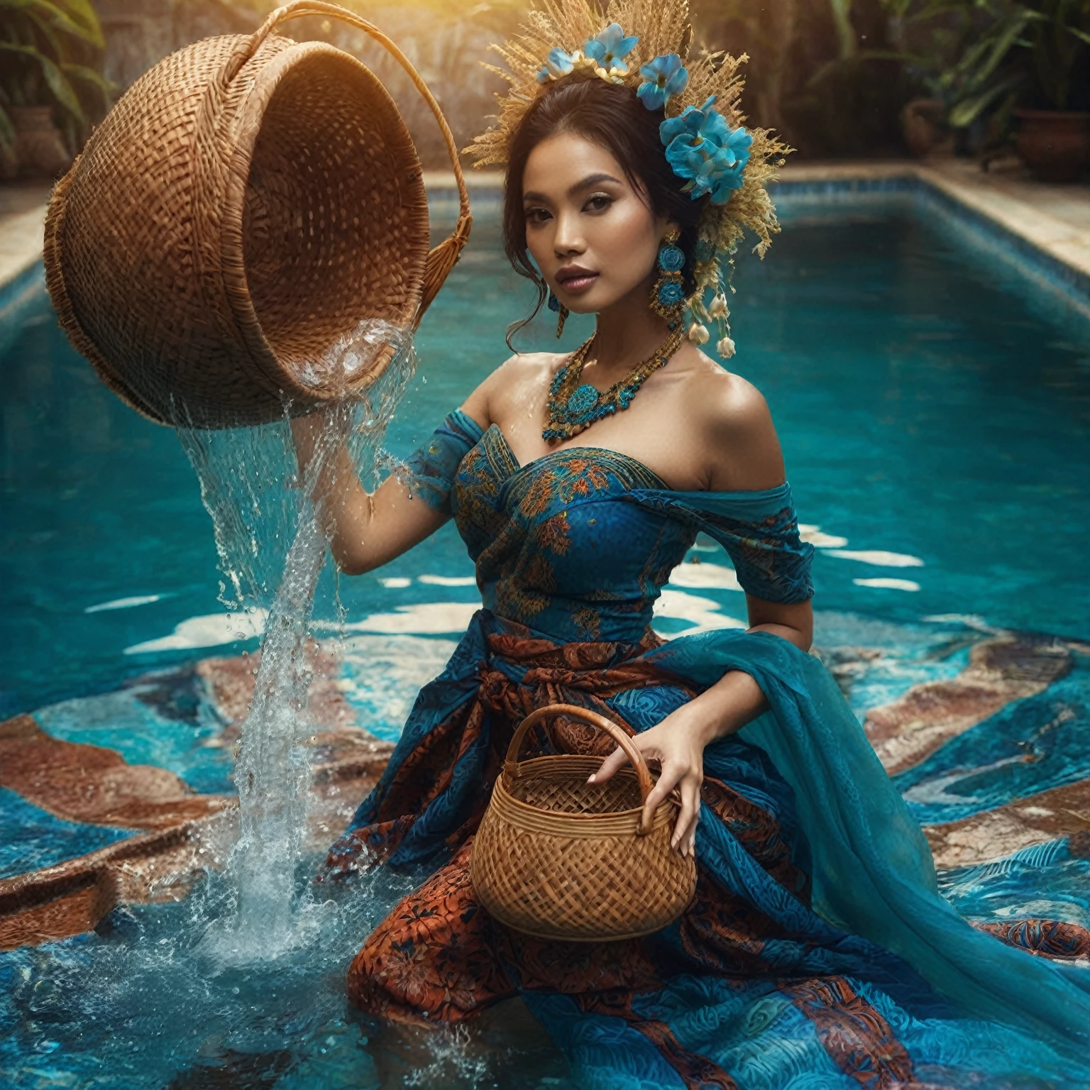 전통 파란색 바틱 사롱 드레스를 입고 수영장에서 물 바구니를 들고 있는 인도네시아 여성, fantasy 사진 촬영, 사진 촬영, real 사진 촬영 queen of the ocean, 모델링 사진, 하이엔드 패션 촬영, 솔로 촬영, 갈렌 다라, 패션 사진, editorial 패션 사진, 사설 사진, 미스 안젤라, 패션 사진, 전신 사진 촬영, 초상화, 프로모션 촬영 사진