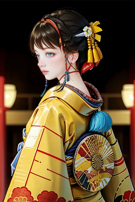 browsing caution,
1 girl, alone, looking at the audience, smile, blue eyes, black hair, hair ornaments, upper body, kimono, kimo...