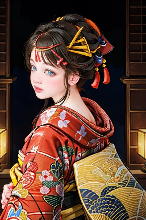 browsing caution,
1 girl, alone, looking at the audience, smile, blue eyes, black hair, hair ornaments, upper body, kimono, kimo...