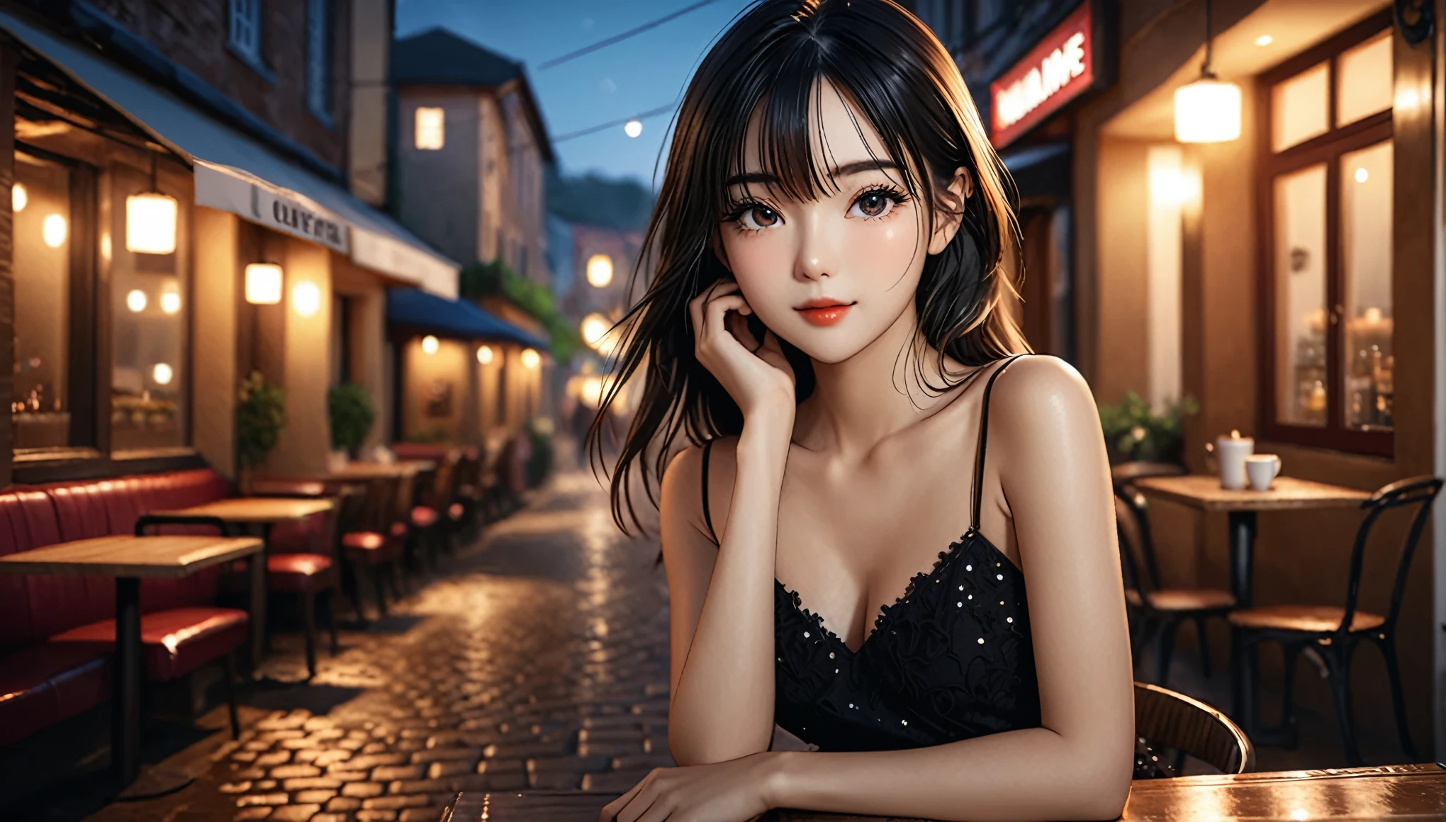 a girl，cute and pretty face，Long straight black hair，Long bangs covering eyes，long eyelashes，(Fine eyes)，small eyes，(half-closed eyes)，(Dark lipstick)，(Dark eyeshadow)，Slim body，Medium breasts，Slender limbs，spaghetti strap dress，outside an old town coffee café，night，clean focus，shallow Depth of Field，Ultra-detailed faces，very beautiful face，soft skin，Extremely high texture skin，Look to viewer，little smirk，beautiful legs，seductive，femainine pose，cinematic lighting，soft lighting，(realistic ，realistic-photo，RAW photo，8K original)，lens flare，film grain，artistic photography，UHD，highres，masterpiece，retina，