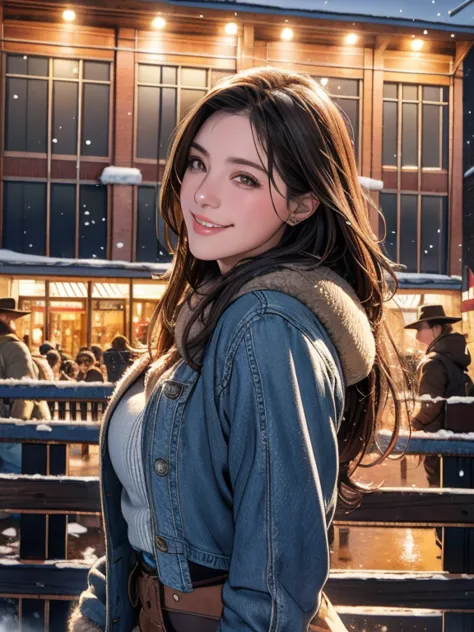 Ultra-detailed, In the winter scenery of the city center、Realistic cowgirl with dark hair smiling and looking at the audience. O...