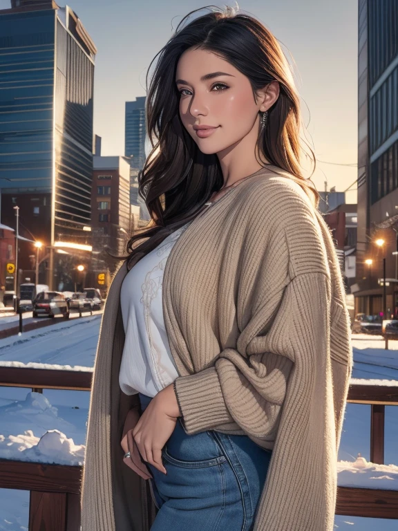 a beautiful smiling raven-haired cowgirl in Realista detail, standing in the center of a detailed invierno city landscape, ultra detallado, 4k, 8k, alta resolución, Obra maestra:1.2, ultra detallado, Realista, photoRealista, photo-Realista:1.37, HDR, uhd, iluminación de estudio, pintura ultrafina, enfoque nítido, renderizado basado físicamente, descripción detallada extrema, profesional, colores vívidos, bokeh, retrato, paisaje urbano, invierno, iluminación cálida, iluminación natural, iluminación ambiental, rasgos faciales detallados, ojos bonitos, Nariz, Labios, pestañas largas