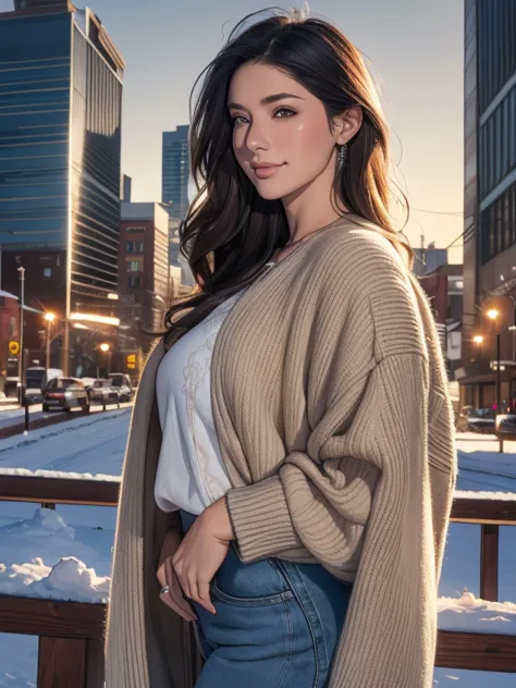 a beautiful smiling raven-haired cowgirl in realistic detail, standing in the center of a detailed winter city landscape, ultra-...