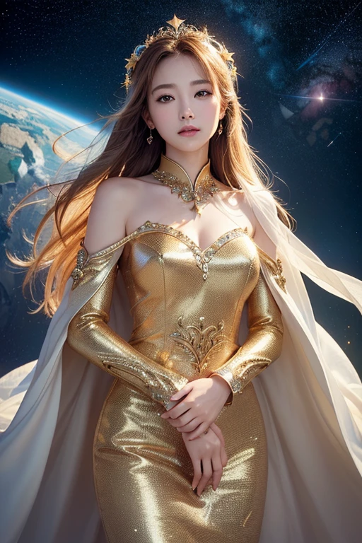 (masterpiece、Highest quality、High resolution、8K、16K)、((Alone in space、Beautiful Goddess、Standing posture、フローティング in the sky like a star))、(whole body)、Golden Cape、White long dress、No sleeve、Gold Bracelet、Blonde Hair、Beautiful brown eyes、Detailed face、Graceful operation、Close your eyes and spread your arms out to the sides、Palm facing up、Professional Lighting、The universe is full of light、Countless stars and nebulae、