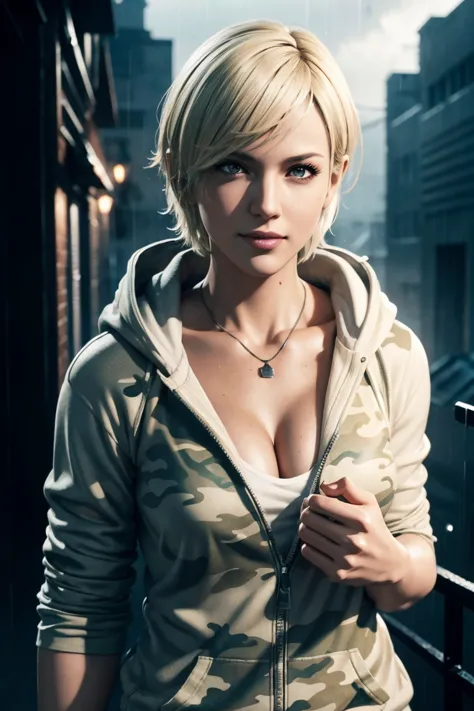 resident evil 6,shelley,short hair,blonde hair,white hoodie,camouflage neck warmer,photorealistic,ultra hd,high quality,masterpi...