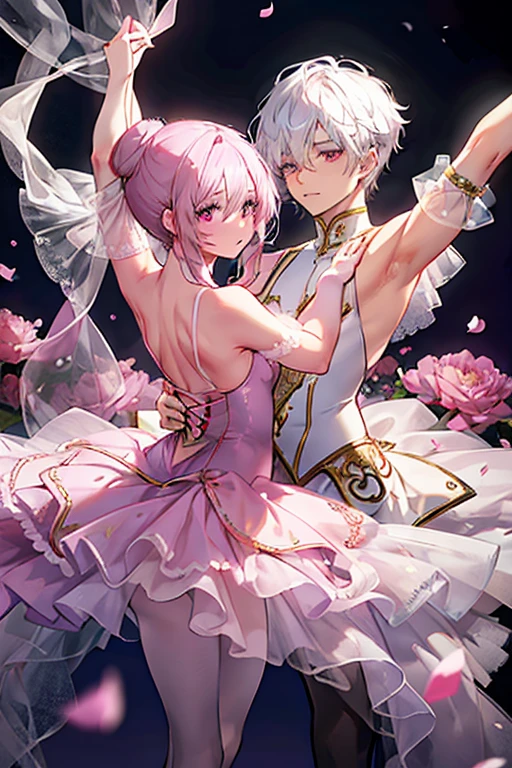 A pink haired woman with violet eyes with an hourglass figure in a ballet uniform with her hair in a bun is posing with a young white haired male ballet dancer with red eyes in a flurry of peony petals
