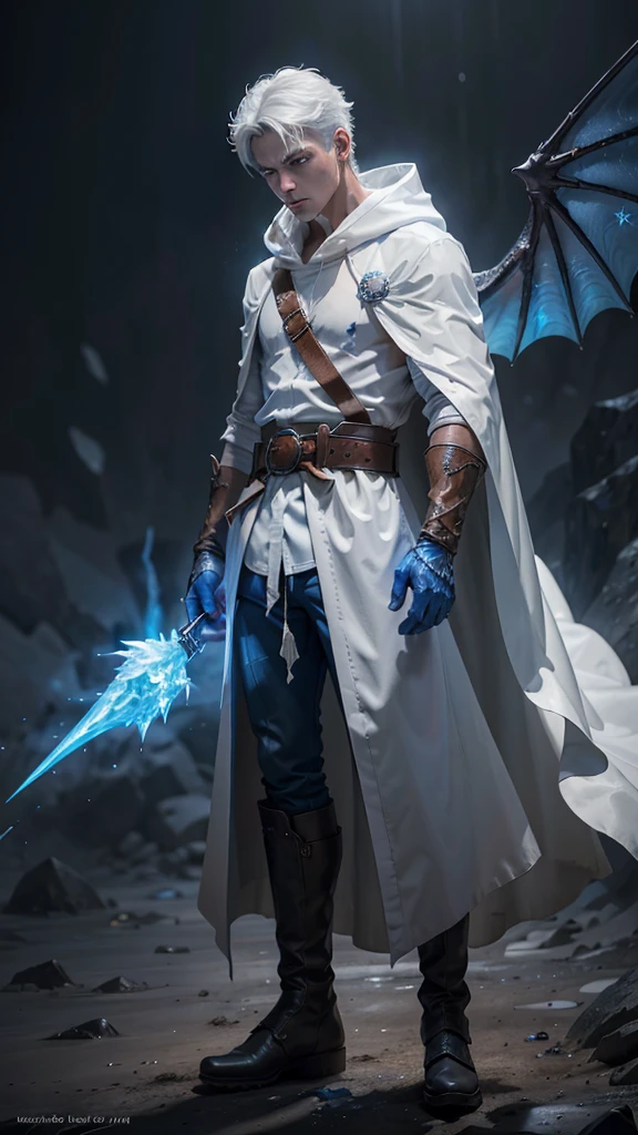 Design 1wizard man shooting a ice beam. Young man with a transparent hooded cape.Light gray hair. Glowing white eyes Wearing a white button-down shirt Wearing blue pants Wearing a brown belt Wearing short brown boots Wearing blue gloves on your hands. Dragon wings on his back. epic.cinematografico.