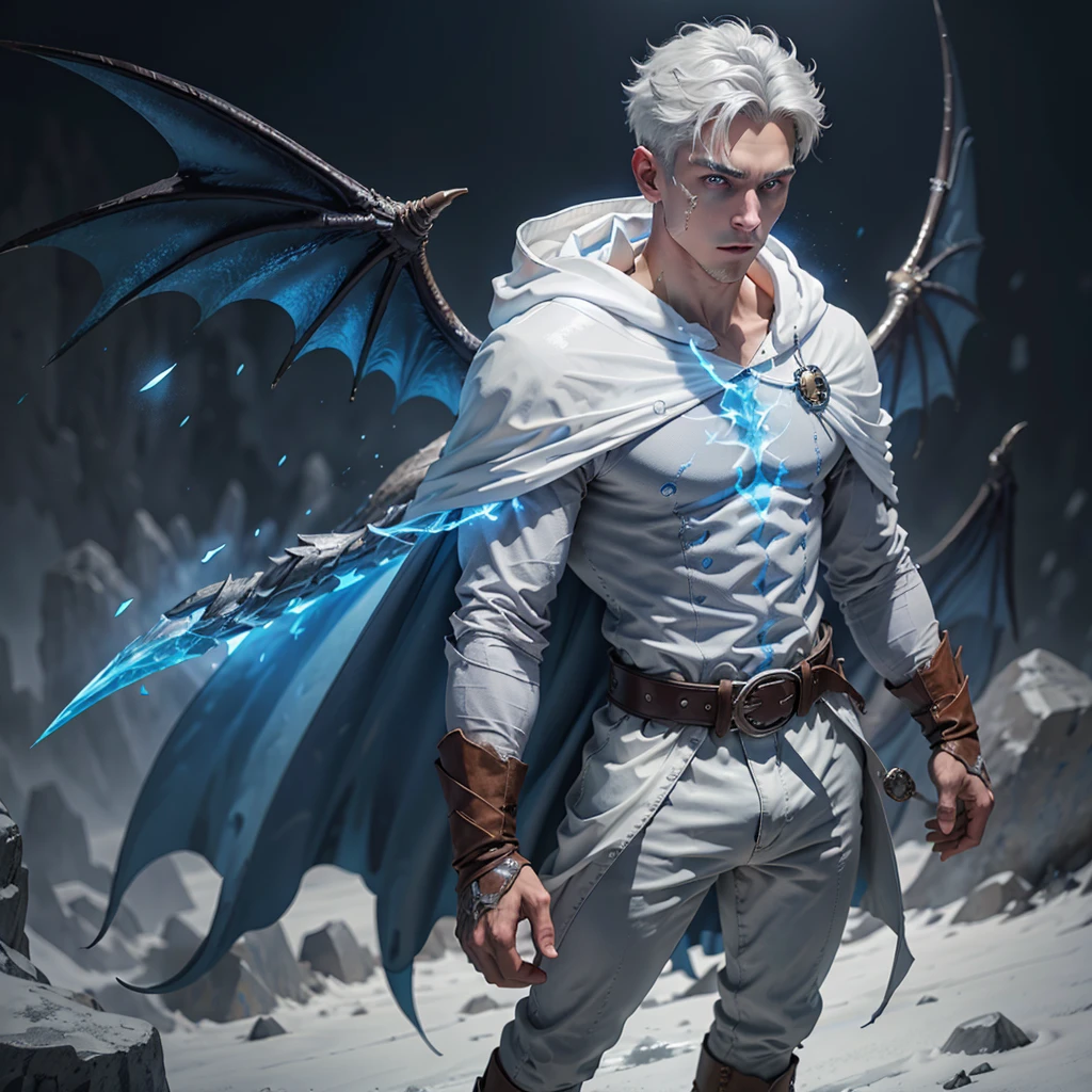 Design 1wizard man shooting a ice beam. Young man with a transparent hooded cape.Light gray hair. Glowing white eyes Wearing a white button-down shirt Wearing blue pants Wearing a brown belt Wearing short brown boots Wearing blue gloves on your hands. Dragon wings on his back. epic.cinematografico.