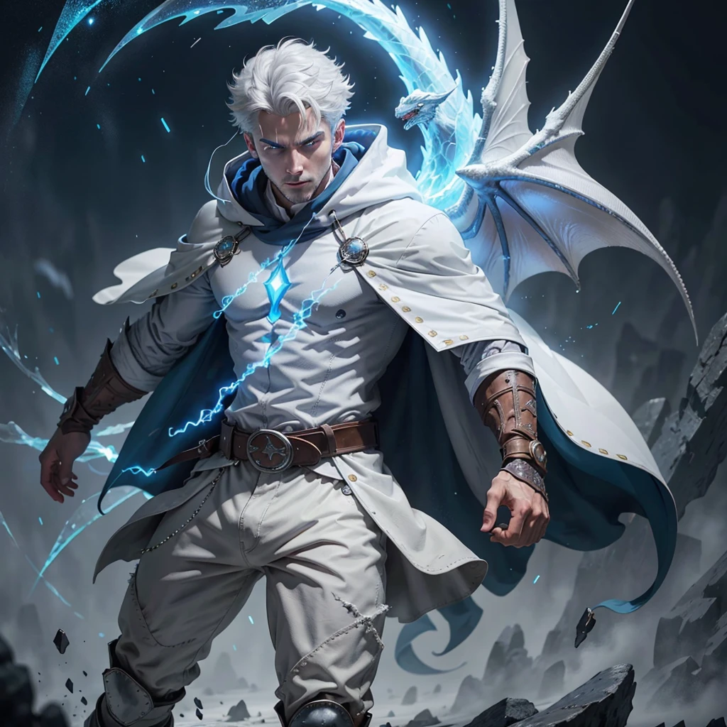 Diseño 1 mago disparando un rayo de hielo.. Hombre joven con una capa con capucha transparente.pelo gris claro. Ojos blancos brillantes Viste una camisa blanca con botones Viste pantalones azules Viste un cinturón marrón Viste botas marrones cortas Viste guantes azules en las manos. alas de dragón en su espalda. épico.cinematográfico.