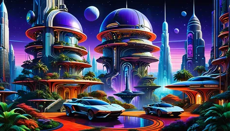 towering skyscrapers with neon lights and holographic advertisements, flying cars and spaceships in the sky, concept art by syd ...