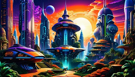 towering skyscrapers with neon lights and holographic advertisements, flying cars and spaceships in the sky, concept art by syd ...