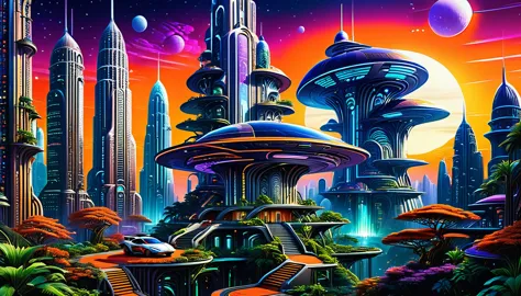 towering skyscrapers with neon lights and holographic advertisements, flying cars and spaceships in the sky, concept art by syd ...