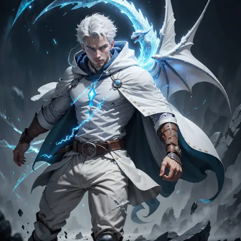 design 1wizard man shooting a ice beam. young man with a transparent hooded cape.light gray hair. glowing white eyes wearing a w...