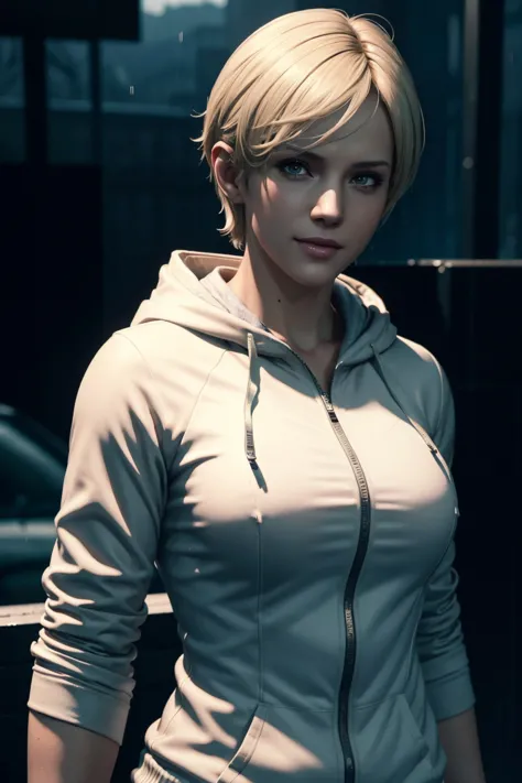 resident evil 6,shelley,short hair,blonde hair,white hoodie,cold protection,neck warmer,photorealistic,ultra hd,high quality,mas...