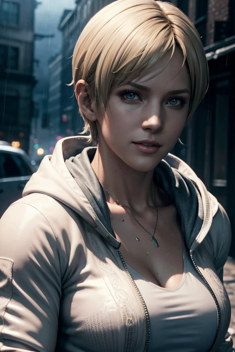 Resident Evil 6,Shelley,Short Hair,Blonde Hair,White hoodie,Cold protection,neck warmer,Photorealistic,Ultra HD,high quality,masterpiece,Digital SLR,Detailed details,Intricate details,Anatomical basis,Depicted in detail,A detailed face,Realistic skin texture,Vivid details,Perfect Anatomy,Perfect Anatomy,Anatomically correct hand,Anatomically correct fingers,Super Detail,Complex 3D rendering,Sexy pose,Rainy Sky,Beautiful scenery,Fantastic rainy sky,Picturesque,Pink Lips,smile,