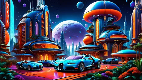 towering skyscrapers with neon lights and holographic advertisements, flying cars (((brand bugatti))) and spaceships in the sky,...