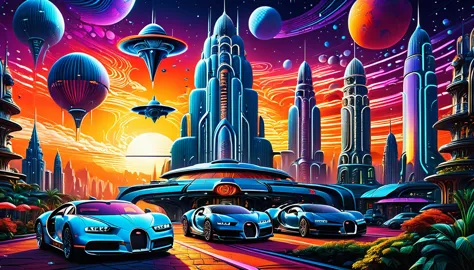 towering skyscrapers with neon lights and holographic advertisements, flying cars (((brand bugatti))) and spaceships in the sky,...